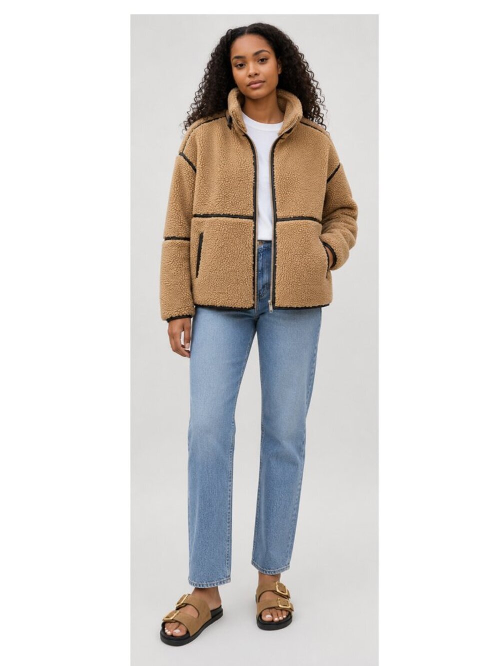 Elan Beige Sherpa Jacket with Dark Leather Trim , Size L, fits XL too